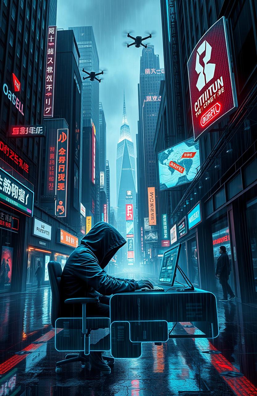 A futuristic cityscape heavily influenced by cyberpunk aesthetics, showcasing neon lights, towering skyscrapers, and dark alleyways