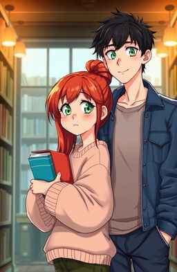 A vibrant illustration of a red-haired girl looking to the left, holding a stack of colorful books in her hands