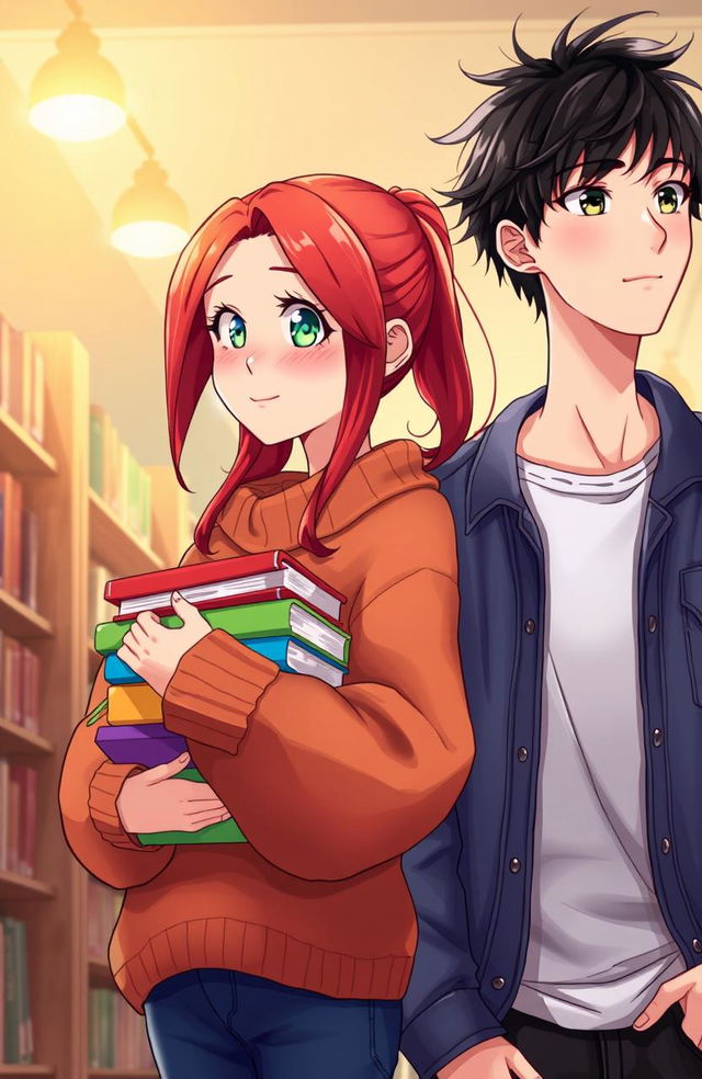 A vibrant illustration of a red-haired girl looking to the left, holding a stack of colorful books in her hands