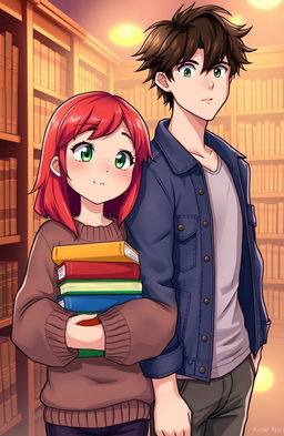 A vibrant illustration of a red-haired girl looking to the left, holding a stack of colorful books in her hands
