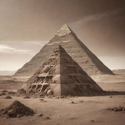 An Alien pyramid covered with human guts and organs on its surface, placed in a sepia-toned desert landscape of another world with towering mountains. The planet Earth is visible in the background.