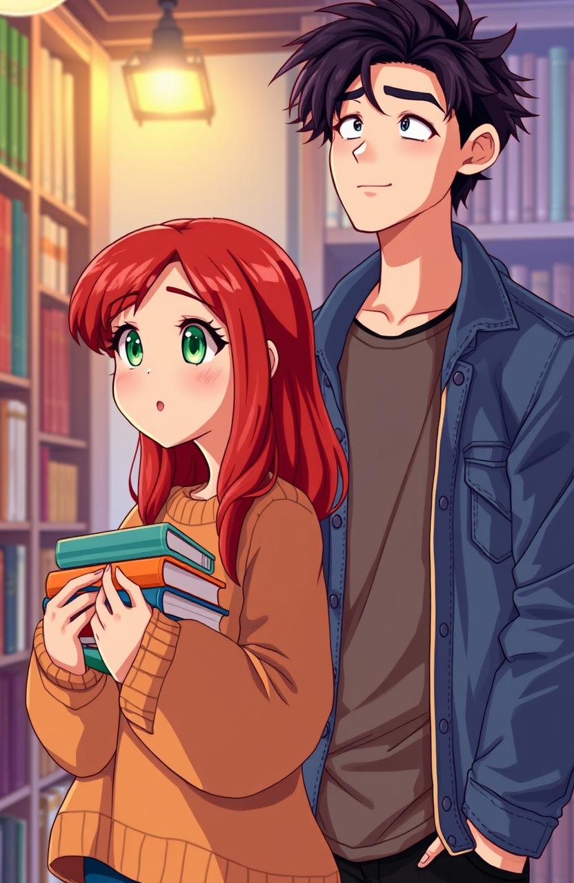 A vibrant illustration of a red-haired girl looking to the left, holding a stack of colorful books in her hands