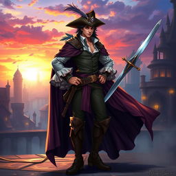 A fantasy human male swashbuckler, dressed in an elegant yet rugged costume featuring a long flowing cape, a wide-brimmed hat adorned with a feather, and a fitted shirt with ruffled cuffs