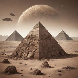 An Alien pyramid covered with human guts and organs on its surface, placed in a sepia-toned desert landscape of another world with towering mountains. The planet Earth is visible in the background.