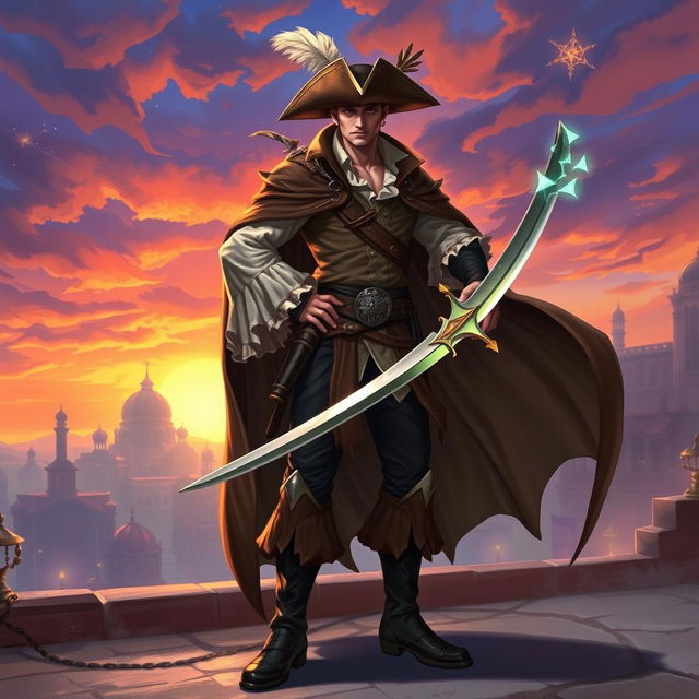 A fantasy human male swashbuckler, dressed in an elegant yet rugged costume featuring a long flowing cape, a wide-brimmed hat adorned with a feather, and a fitted shirt with ruffled cuffs