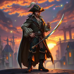 A fantasy human male swashbuckler, dressed in an elegant yet rugged costume featuring a long flowing cape, a wide-brimmed hat adorned with a feather, and a fitted shirt with ruffled cuffs