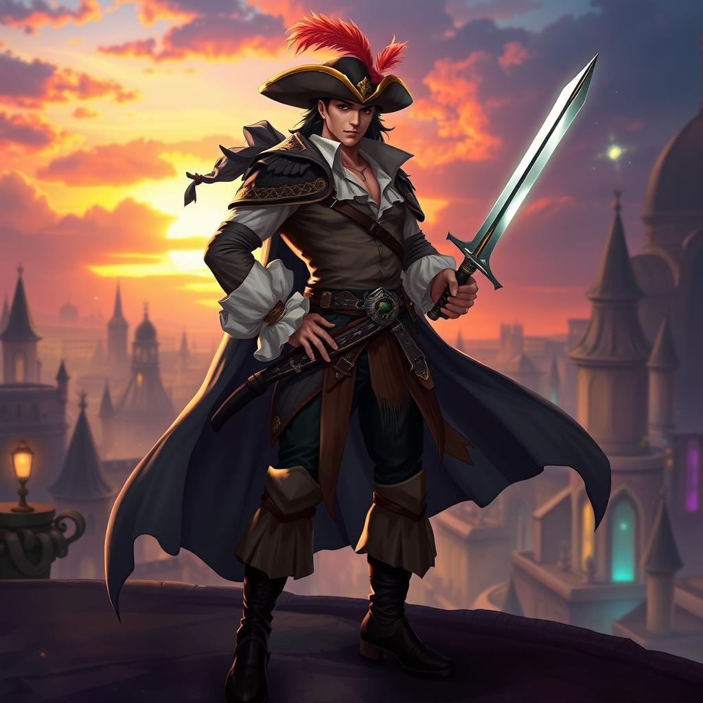 A fantasy human male swashbuckler, dressed in an elegant yet rugged costume featuring a long flowing cape, a wide-brimmed hat adorned with a feather, and a fitted shirt with ruffled cuffs