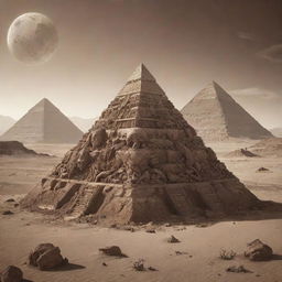 An Alien pyramid covered with human guts and organs on its surface, placed in a sepia-toned desert landscape of another world with towering mountains. The planet Earth is visible in the background.