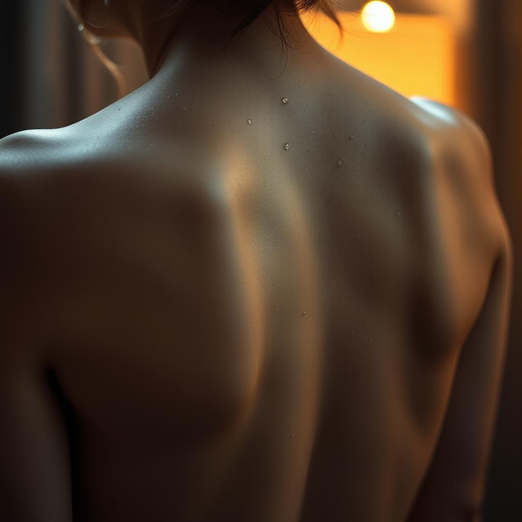 A close-up view of a bare woman's back glistening with droplets, showcasing the smooth and soft skin