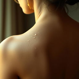 A close-up view of a bare woman's back glistening with droplets, showcasing the smooth and soft skin