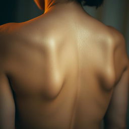 A close-up view of a bare woman's back glistening with droplets, showcasing the smooth and soft skin