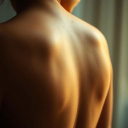 A close-up view of a bare woman's back glistening with droplets, showcasing the smooth and soft skin