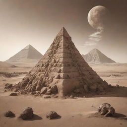 An Alien pyramid covered with human guts and organs on its surface, placed in a sepia-toned desert landscape of another world with towering mountains. The planet Earth is visible in the background.