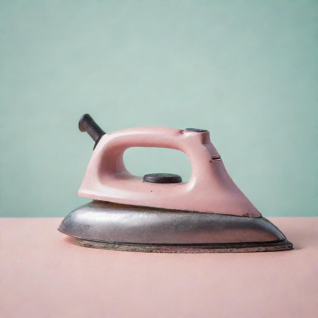 A close-up view of an iron against a pastel colored background.