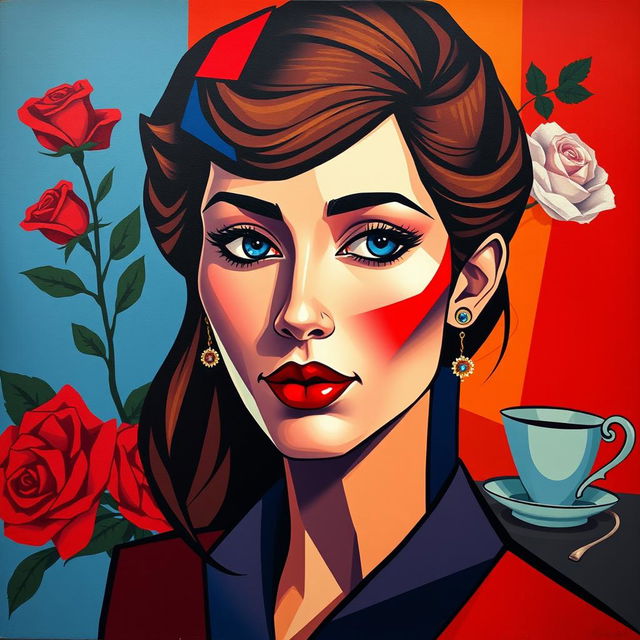 A striking cubist portrait of an English woman, characterized by angular facial features and an array of vibrant colors