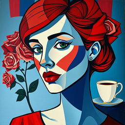 A striking cubist portrait of an English woman, characterized by angular facial features and an array of vibrant colors