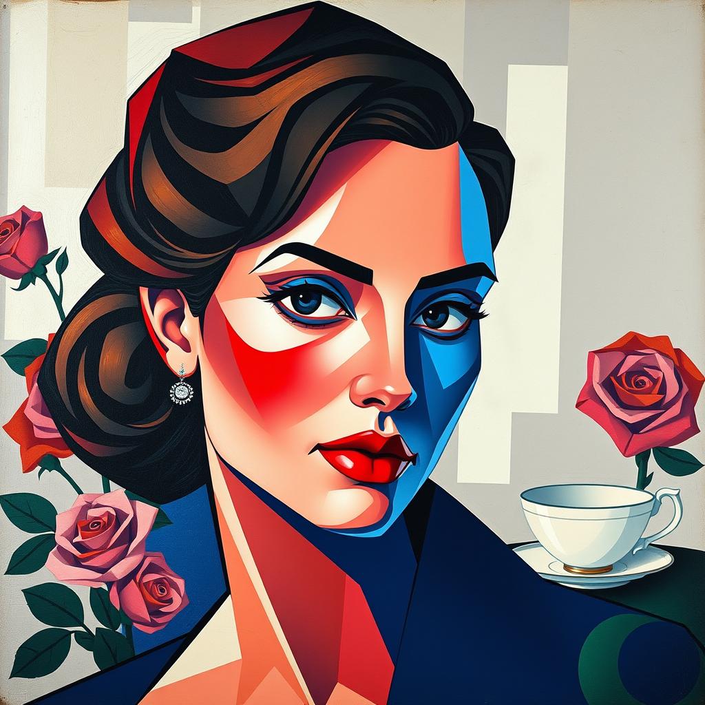 A striking cubist portrait of an English woman, characterized by angular facial features and an array of vibrant colors