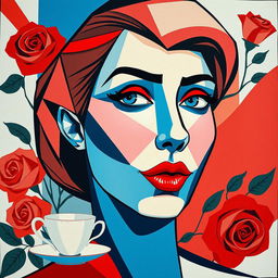 A striking cubist portrait of an English woman, characterized by angular facial features and an array of vibrant colors
