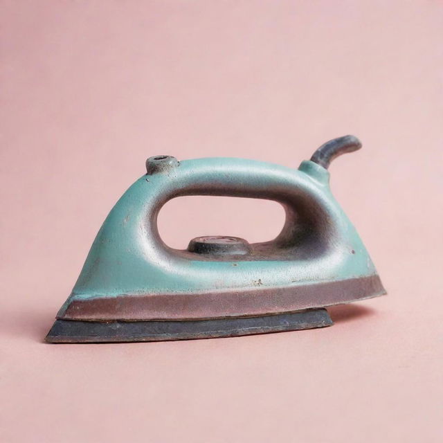 A close-up view of an iron against a pastel colored background.