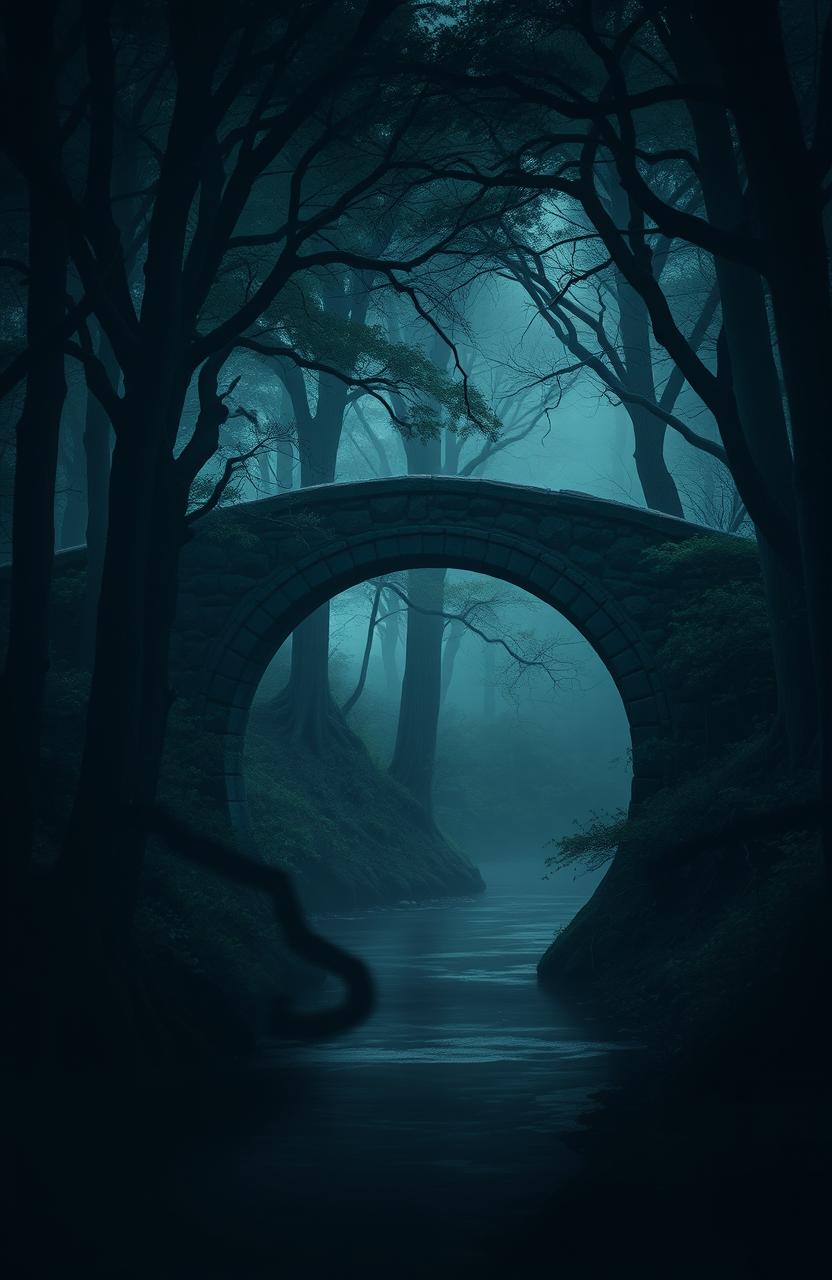 A dark and mystic forest scene featuring a majestic, ancient stone bridge arched elegantly over a serene river