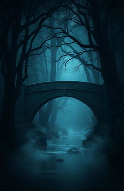 A dark and mystic forest scene featuring a majestic, ancient stone bridge arched elegantly over a serene river