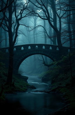 A dark and mystic forest scene featuring a majestic, ancient stone bridge arched elegantly over a serene river