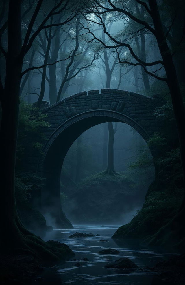 A dark and mystic forest scene featuring a majestic, ancient stone bridge arched elegantly over a serene river