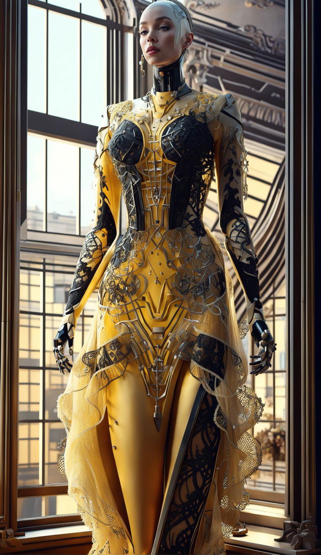 A beautiful and elaborate dress on a Woman Robot. The dress is made of Yellow intricated lace with dusty Black details, and has long sleeves, a fitted bodice, and a layered yellow and black pattern shor skirt. It also has chains of Diamonds and lace as accessories. The dress looks very elegant and Futuristic, year 2099 luxury parisian appartment with white marble chimney and large golden mirror above, morning light shining through large touchscreen windows, highly detailed, fully realistic, 8k, 