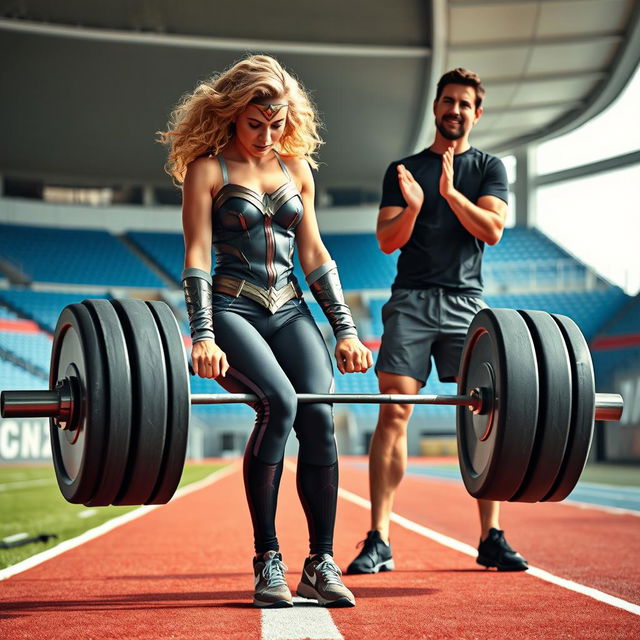 In a vibrant Track and Field Stadium, Marvel's Wonder Woman, depicted with blonde curly hair, and Tom Cruise as Top Gun, engage in an intense powerlifting workout