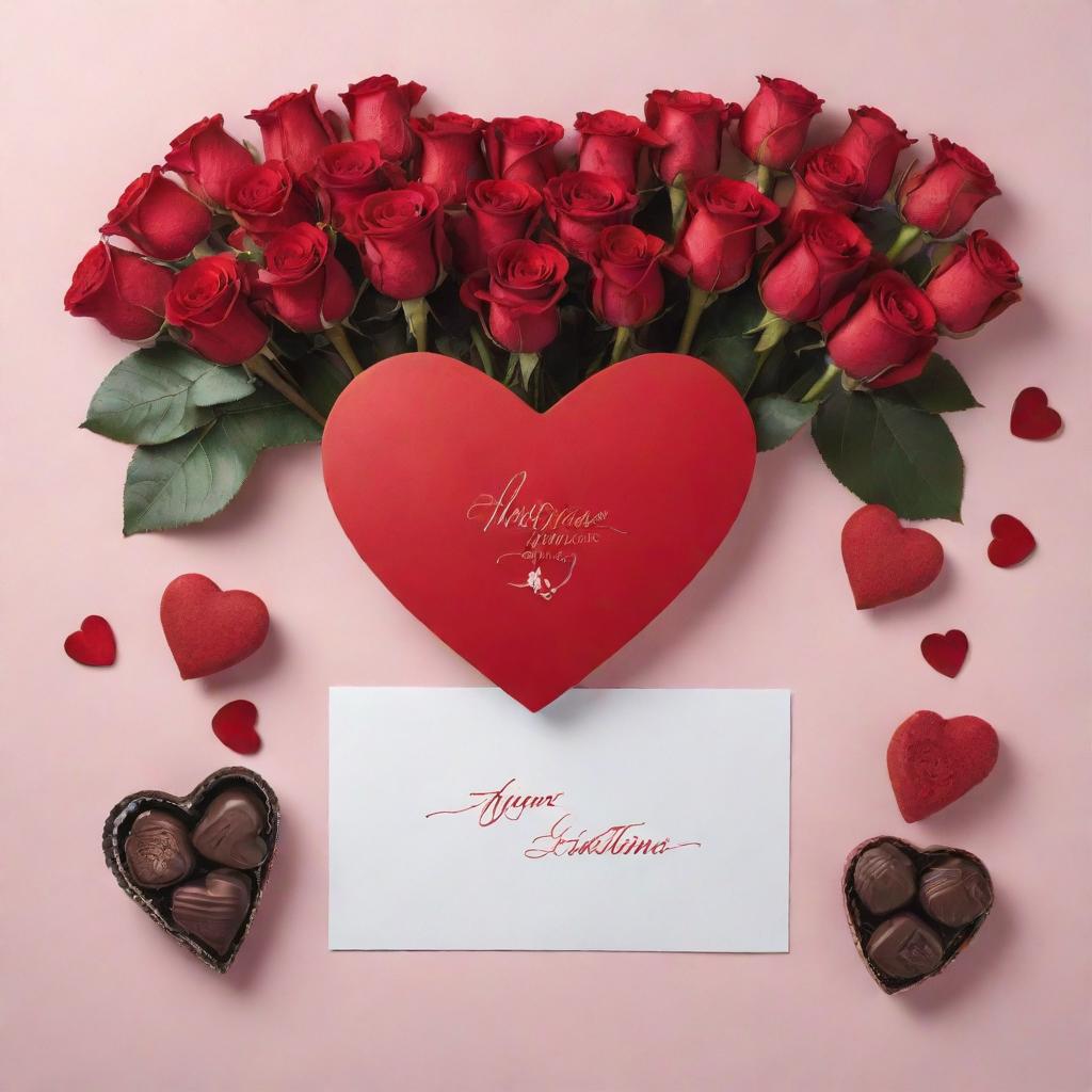 Create a romantic and captivating layout for a Valentine's Day advertising campaign, filled with red roses, heart-shaped chocolates, and lovely handwritten typography.