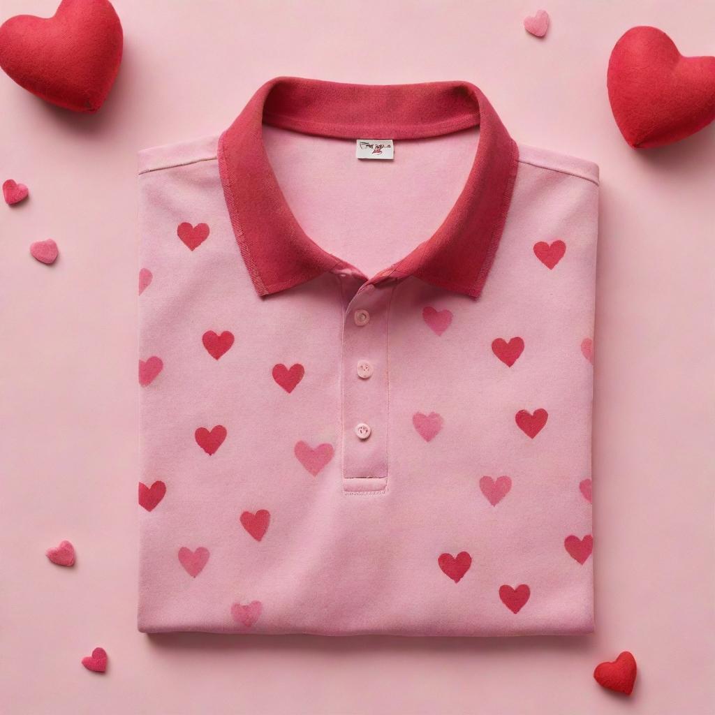 Design a Valentine's Day advertising layout incorporating red and pink cotton polo shirts, along with charming heart patterns and themed decorations.