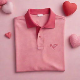 Design a Valentine's Day advertising layout incorporating red and pink cotton polo shirts, along with charming heart patterns and themed decorations.