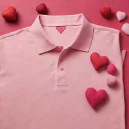 Design a Valentine's Day advertising layout incorporating red and pink cotton polo shirts, along with charming heart patterns and themed decorations.