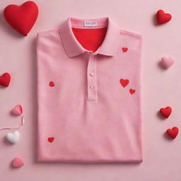 Design a Valentine's Day advertising layout incorporating red and pink cotton polo shirts, along with charming heart patterns and themed decorations.