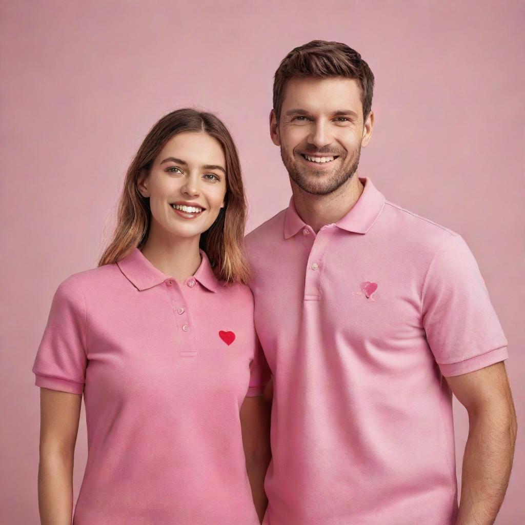 Create an image of a couple celebrating Valentine's Day, both dressed in pink and red cotton polo shirts, surrounded by a romantic, festive ambiance for an advertising campaign.