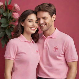 Create an image of a couple celebrating Valentine's Day, both dressed in pink and red cotton polo shirts, surrounded by a romantic, festive ambiance for an advertising campaign.