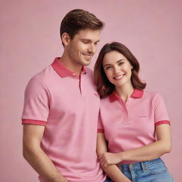 Create an image of a couple celebrating Valentine's Day, both dressed in pink and red cotton polo shirts, surrounded by a romantic, festive ambiance for an advertising campaign.