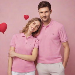 Create an image of a couple celebrating Valentine's Day, both dressed in pink and red cotton polo shirts, surrounded by a romantic, festive ambiance for an advertising campaign.