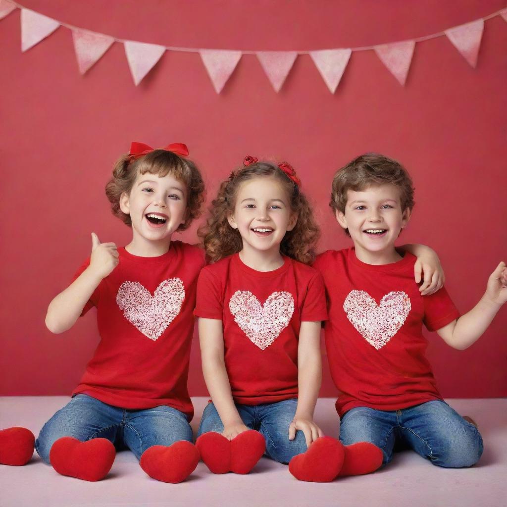 Craft an image of three cheerfully celebrating kids dressed in red cotton T-shirts for a Valentine's Day-themed advertising campaign, complete with festive decorations in the background.