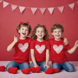 Craft an image of three cheerfully celebrating kids dressed in red cotton T-shirts for a Valentine's Day-themed advertising campaign, complete with festive decorations in the background.