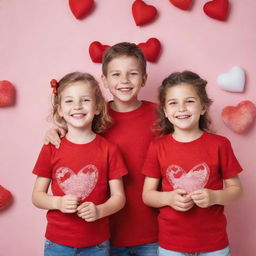 Craft an image of three cheerfully celebrating kids dressed in red cotton T-shirts for a Valentine's Day-themed advertising campaign, complete with festive decorations in the background.