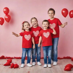 Craft an image of three cheerfully celebrating kids dressed in red cotton T-shirts for a Valentine's Day-themed advertising campaign, complete with festive decorations in the background.