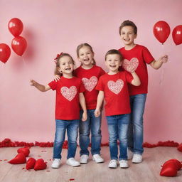 Craft an image of three cheerfully celebrating kids dressed in red cotton T-shirts for a Valentine's Day-themed advertising campaign, complete with festive decorations in the background.