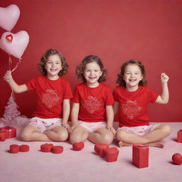 Craft an image of three cheerfully celebrating kids dressed in red cotton T-shirts for a Valentine's Day-themed advertising campaign, complete with festive decorations in the background.