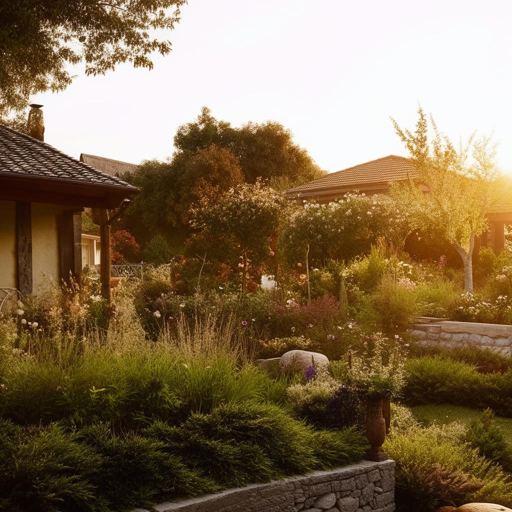 Cozy and charming homestead with a lush garden and ornamental pieces, bathed in warm sunset light.