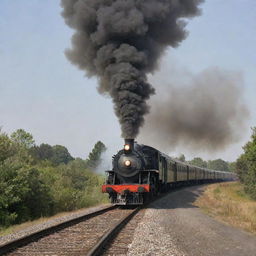 An old-fashioned train releasing thick, curling smoke from its chimney as it speeds along the train track.