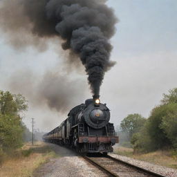 An old-fashioned train releasing thick, curling smoke from its chimney as it speeds along the train track.