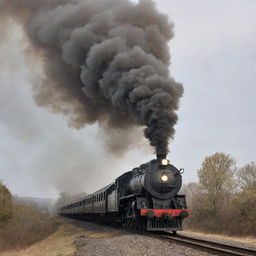 An old-fashioned train releasing thick, curling smoke from its chimney as it speeds along the train track.