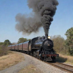 An old-fashioned train releasing thick, curling smoke from its chimney as it speeds along the train track.