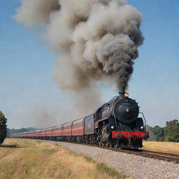 A roaring train releasing puffs of smoke from its front, set against a tranquil background.